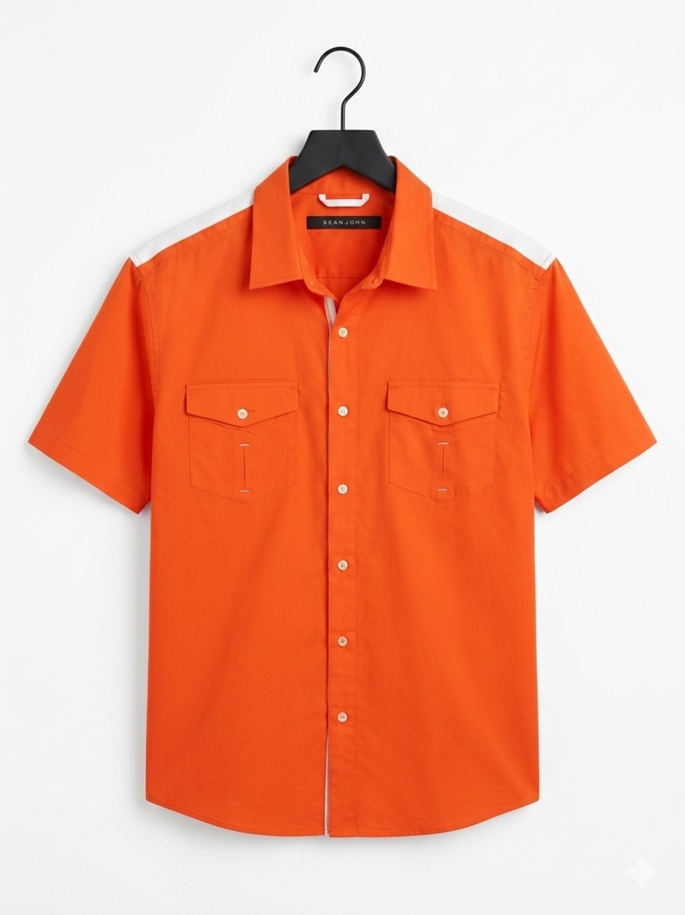 Sean John Orange Short-Sleeve Button Down Shirt with White Shoulder Stripe